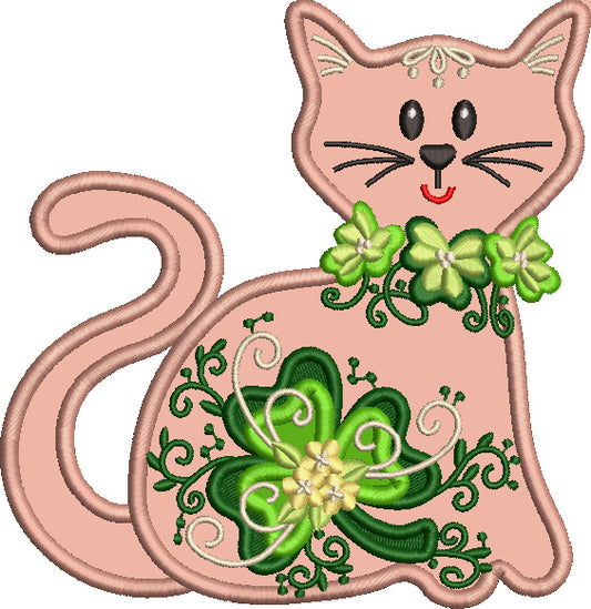 Cute Little Kitty With Shamrock St. Patrick's Day Applique Machine Embroidery Design Digitized Pattern
