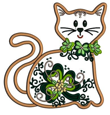 Cute Little Kitty With Shamrock St. Patrick's Day Applique Machine Embroidery Design Digitized Pattern