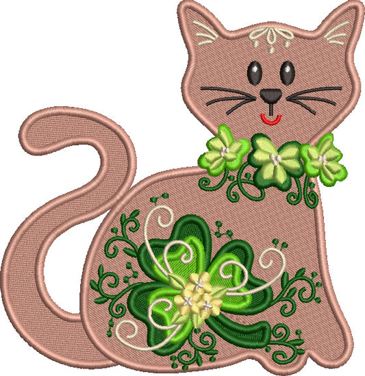 Cute Little Kitty With Shamrock St. Patrick's Day Filled Machine Embroidery Design Digitized Pattern