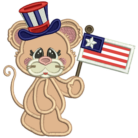 Cute Little Mouse Holding American Flag Patriotic Applique Machine Embroidery Design Digitized Pattern