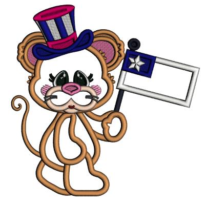 Cute Little Mouse Holding American Flag Patriotic Applique Machine Embroidery Design Digitized Pattern