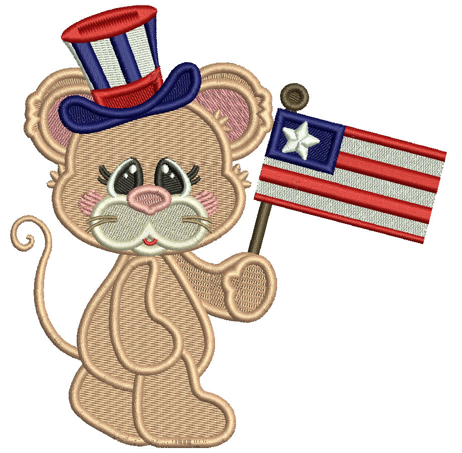 Cute Little Mouse Holding American Flag Patriotic Filled Machine Embroidery Design Digitized Pattern