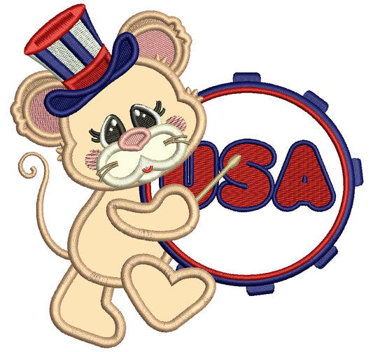 Cute Little Mouse Holding Big USA Drum Patriotic Applique Machine Embroidery Design Digitized Pattern