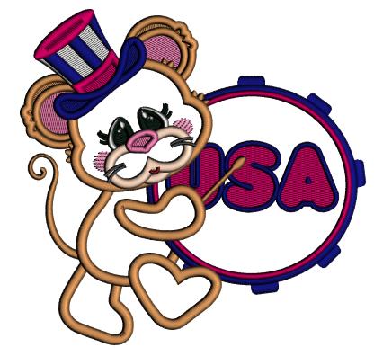 Cute Little Mouse Holding Big USA Drum Patriotic Applique Machine Embroidery Design Digitized Pattern