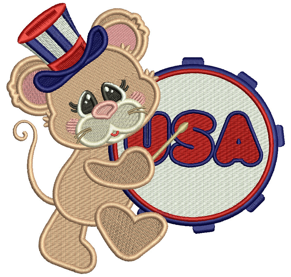 Cute Little Mouse Holding Big USA Drum Patriotic Filled Machine Embroidery Design Digitized Pattern