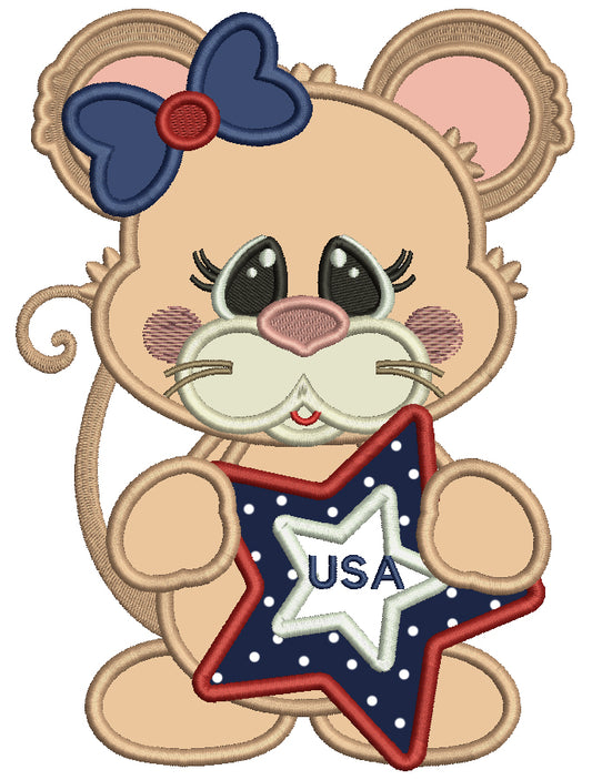 Cute Little Mouse Holding USA Star Patriotic Applique Machine Embroidery Design Digitized Pattern