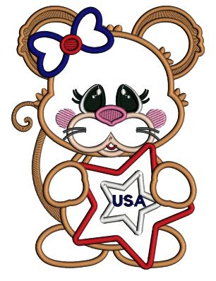 Cute Little Mouse Holding USA Star Patriotic Applique Machine Embroidery Design Digitized Pattern