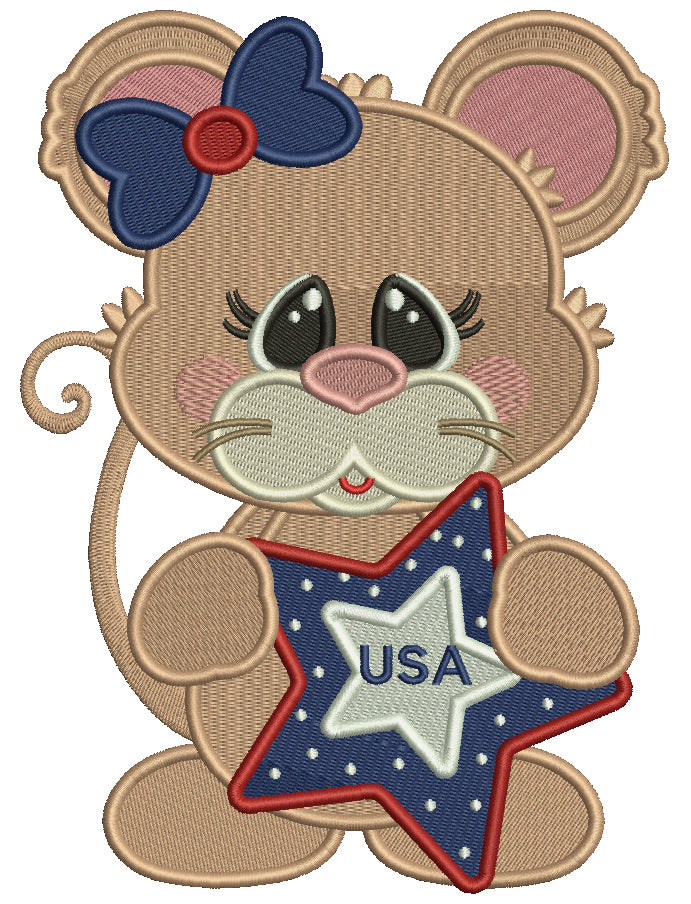 Cute Little Mouse Holding USA Star Patriotic Filled Machine Embroidery Design Digitized Pattern