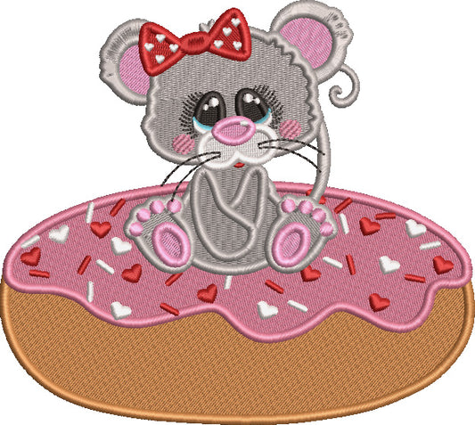 Cute Little Mouse Sitting Inside The Donut Valentine's Day Love Filled Machine Embroidery Design Digitized Pattern