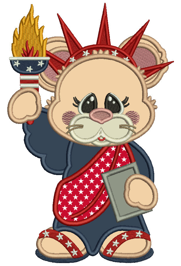 Cute Little Mouse Statue Of Liberty Patriotic Applique Machine Embroidery Design Digitized Pattern