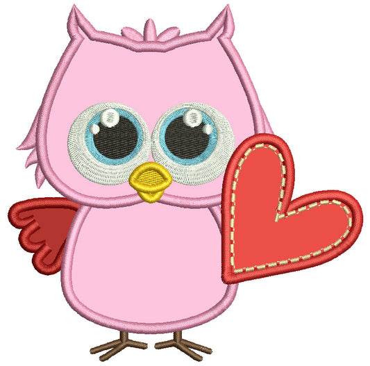 Cute Little Owl Holding Big Heart Valentine's Day Love Applique Machine Embroidery Design Digitized Pattern