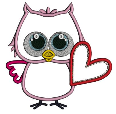 Cute Little Owl Holding Big Heart Valentine's Day Love Applique Machine Embroidery Design Digitized Pattern