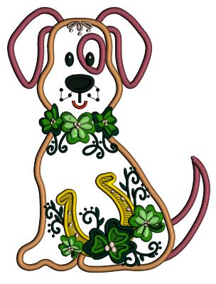 Cute Lucky Dog With Shamrocks And Horse Shoe St. Patrick's Day Applique Machine Embroidery Design Digitized Pattern