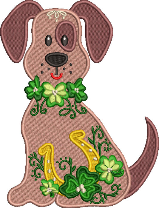 Cute Lucky Dog With Shamrocks And Horse Shoe St. Patrick's Day Filled Machine Embroidery Design Digitized Pattern