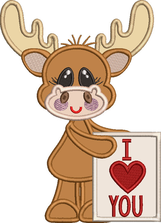 Cute Moose Holding I Love You Sign Valentine's Day Love Applique Machine Embroidery Design Digitized Pattern