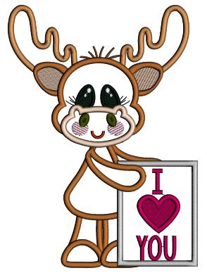 Cute Moose Holding I Love You Sign Valentine's Day Love Applique Machine Embroidery Design Digitized Pattern