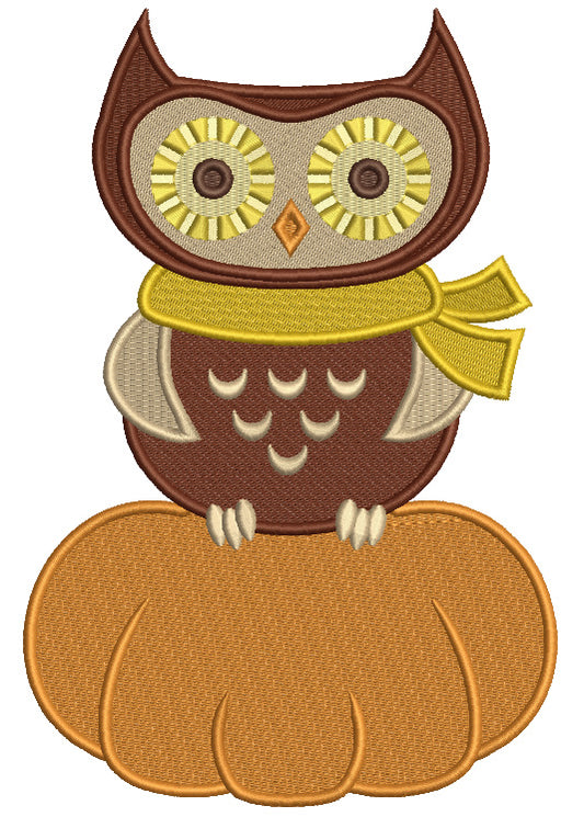 Cute Owl Wearing Scarf Sitting On The Pumpkin Fall Filled Machine Embroidery Design Digitized Pattern