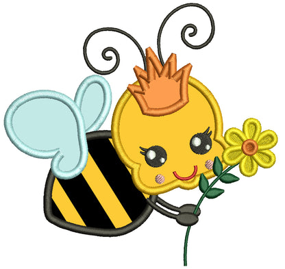 Cute Queen Bee With a Flower Summer Applique Machine Embroidery Design Digitized Pattern
