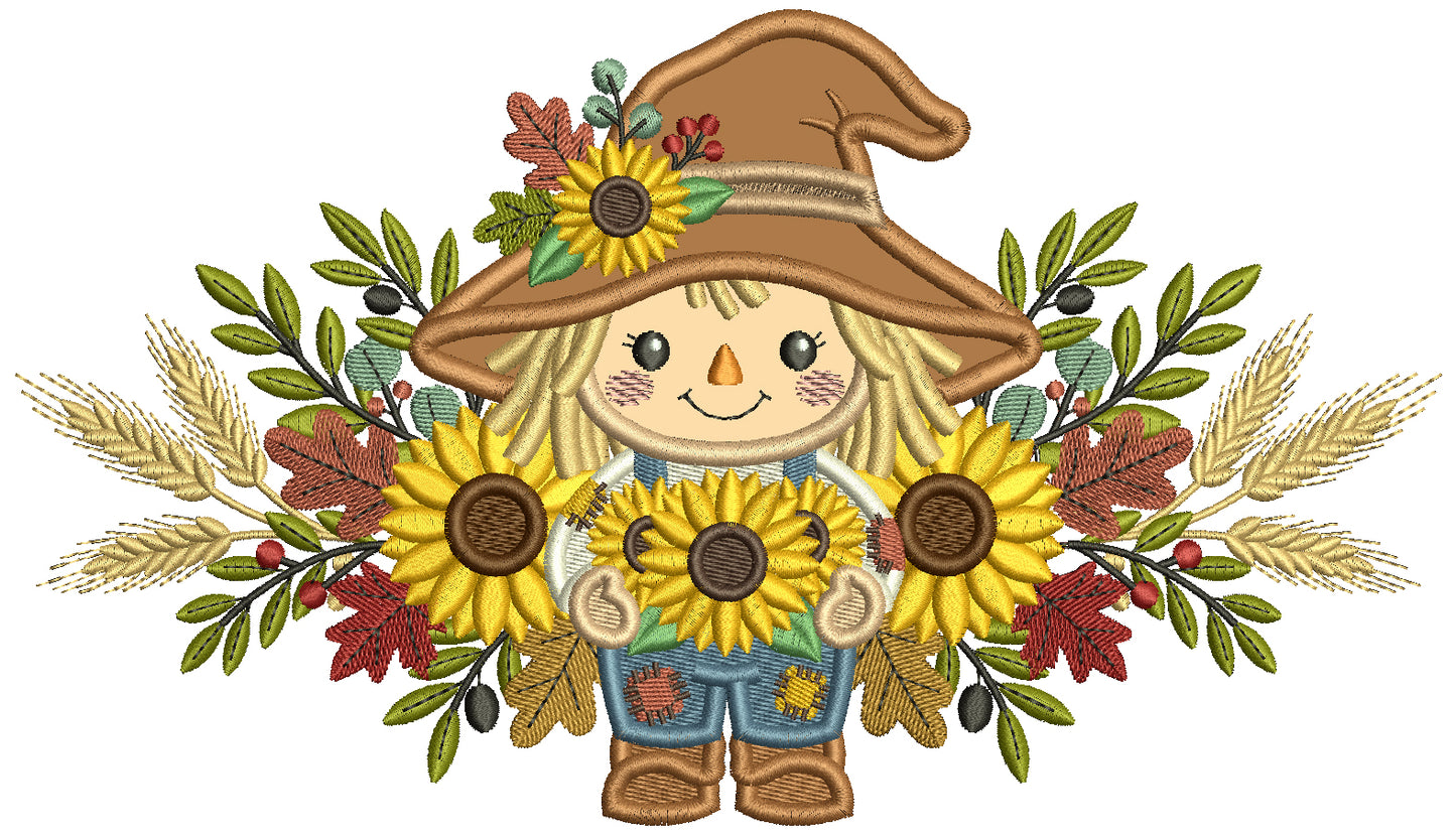 Cute Scarecrow With Sunflowers Applique Machine Embroidery Design Digitized Pattern