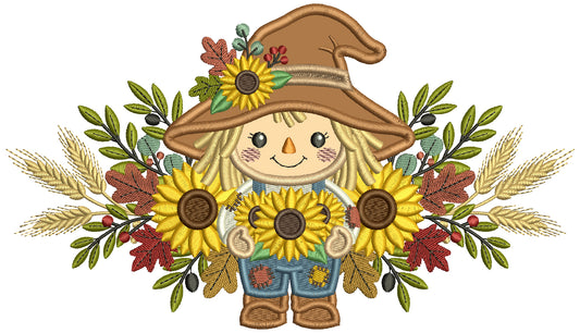 Cute Scarecrow With Sunflowers Applique Machine Embroidery Design Digitized Pattern