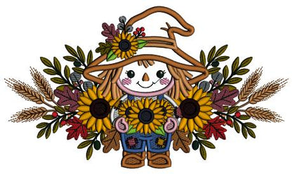 Cute Scarecrow With Sunflowers Applique Machine Embroidery Design Digitized Pattern