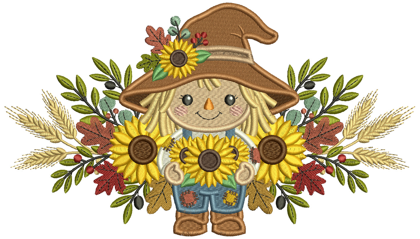 Cute Scarecrow With Sunflowers Filled Machine Embroidery Design Digitized Pattern