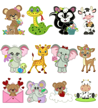 🦊 Cute Animals Machine Embroidery Designs Set - 24 Designs (12 Applique + 12 Filled) 🐰