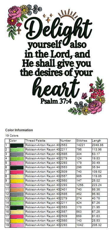 Delight Yourself Also in the Lord, and He Shall Give You the Desires of Your Heart Psalm 37:4 Bible Verse Religious Filled Machine Embroidery Design Digitized Pattern