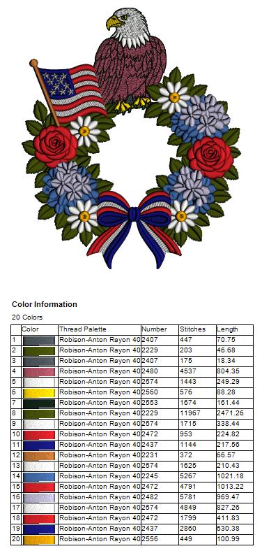 American Eagle Wreath with Flag Patriotic Filled Machine Embroidery Design Digitized Pattern
