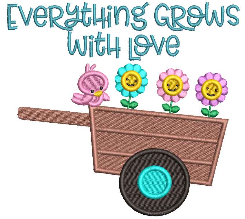 Everything Grows With Love Flowers Bird And The Wagon Filled Machine Embroidery Design Digitized Pattern