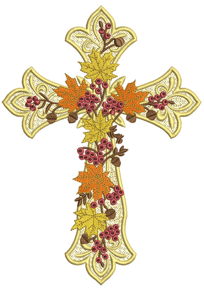 Free-Standing Lace (FSL) Cross With Fall Flowers Machine Embroidery Design - Filled
