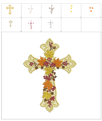 Free-Standing Lace (FSL) Cross With Fall Flowers Machine Embroidery Design - Filled