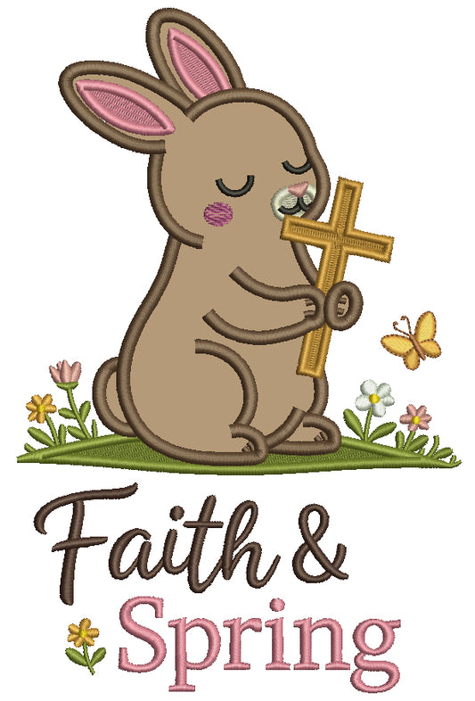 Faith and Spring Easter Bunny Holding Cross Applique Machine Embroidery Design Digitized Pattern