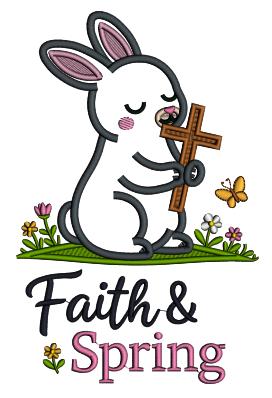 Faith and Spring Easter Bunny Holding Cross Applique Machine Embroidery Design Digitized Pattern