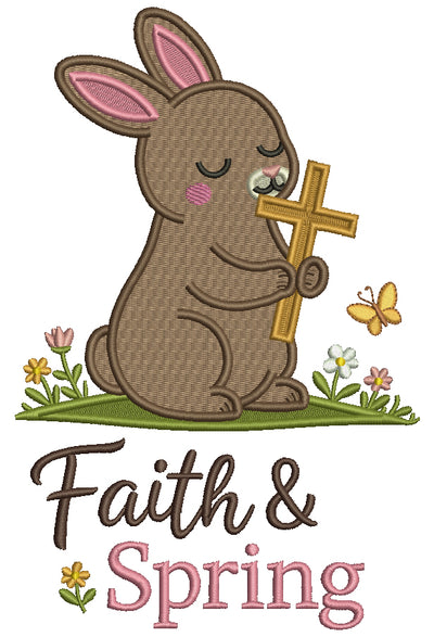 Faith and Spring Easter Bunny Holding Cross Filled Machine Embroidery Design Digitized Pattern