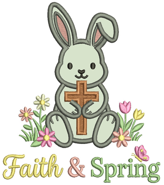 Faith and Spring Easter Bunny Holding a Cross Applique Machine Embroidery Design Digitized Pattern