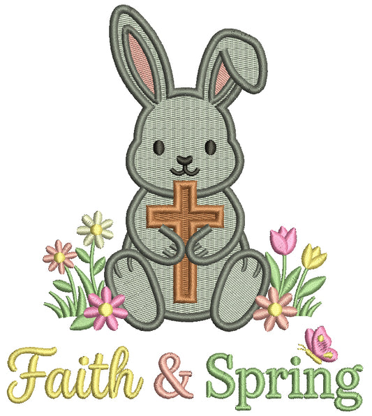 Faith and Spring Easter Bunny Holding a Cross Filled Machine Embroidery Design Digitized Pattern