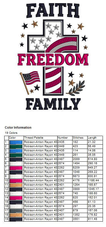 Faith Freedom Family Cross With American Flag Patriotic Independence Day 4th of July Applique Machine Embroidery Design Digitized Pattern