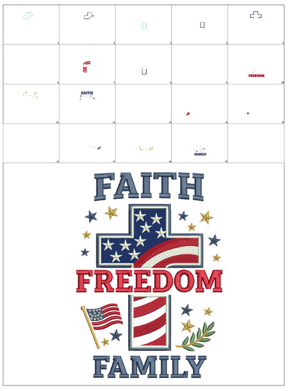 Faith Freedom Family Cross With American Flag Patriotic Independence Day 4th of July Applique Machine Embroidery Design Digitized Pattern