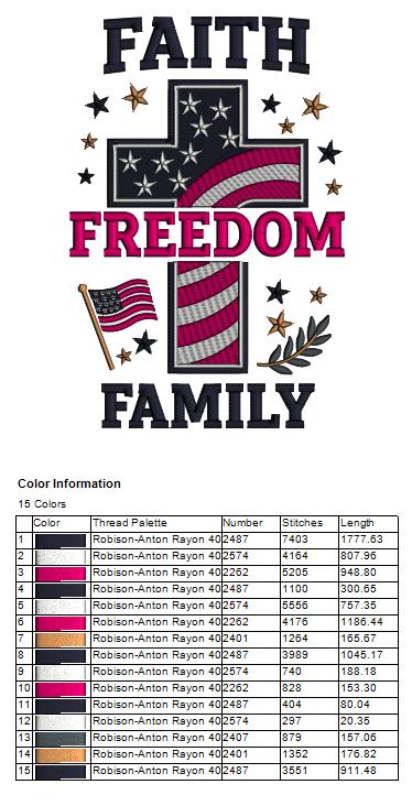 Faith Freedom Family Cross With American Flag Patriotic Independence Day 4th of July Filled Machine Embroidery Design Digitized Pattern