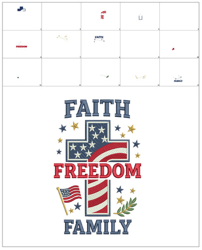 Faith Freedom Family Cross With American Flag Patriotic Independence Day 4th of July Filled Machine Embroidery Design Digitized Pattern