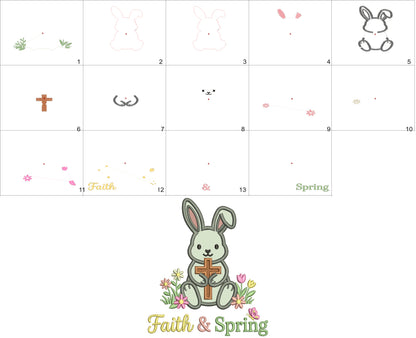 Faith and Spring Easter Bunny Holding a Cross Applique Machine Embroidery Design Digitized Pattern