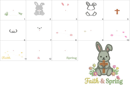 Faith and Spring Easter Bunny Holding a Cross Filled Machine Embroidery Design Digitized Pattern