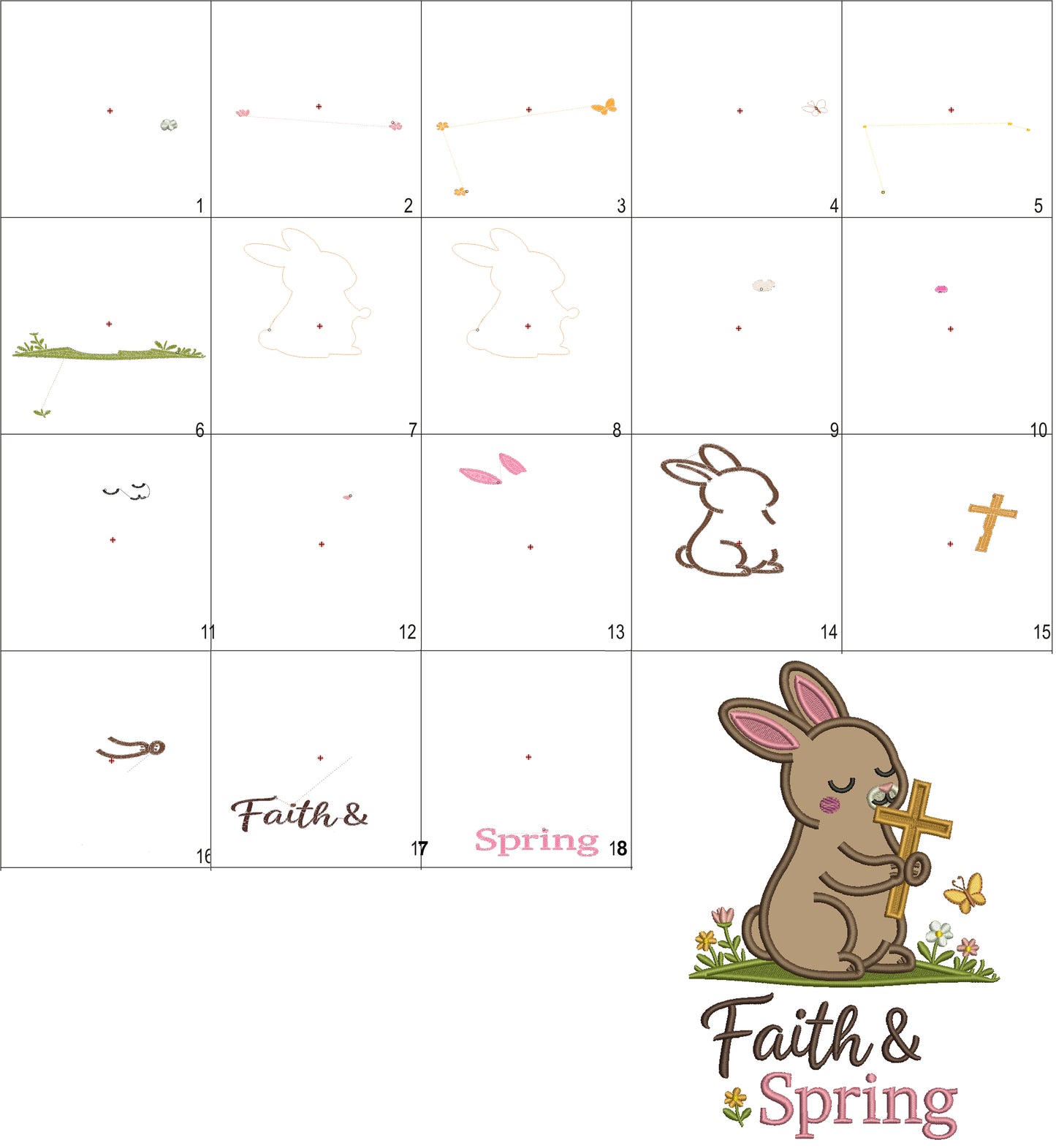 Faith and Spring Easter Bunny Holding Cross Applique Machine Embroidery Design Digitized Pattern
