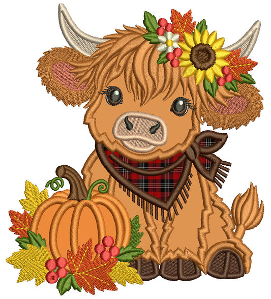 Fall Highland Cow Machine Embroidery Design With Pumpkin and Sunflower - Applique Pattern