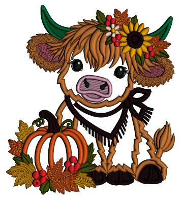 Fall Highland Cow Machine Embroidery Design With Pumpkin and Sunflower - Applique Pattern