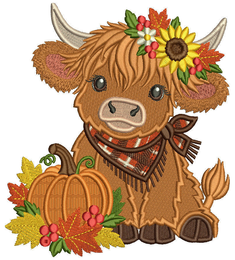 Fall Highland Cow Machine Embroidery Design With Pumpkin and Sunflower - Filled Pattern