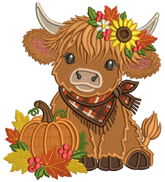 Fall Highland Cow Machine Embroidery Design With Pumpkin and Sunflower - Filled Pattern