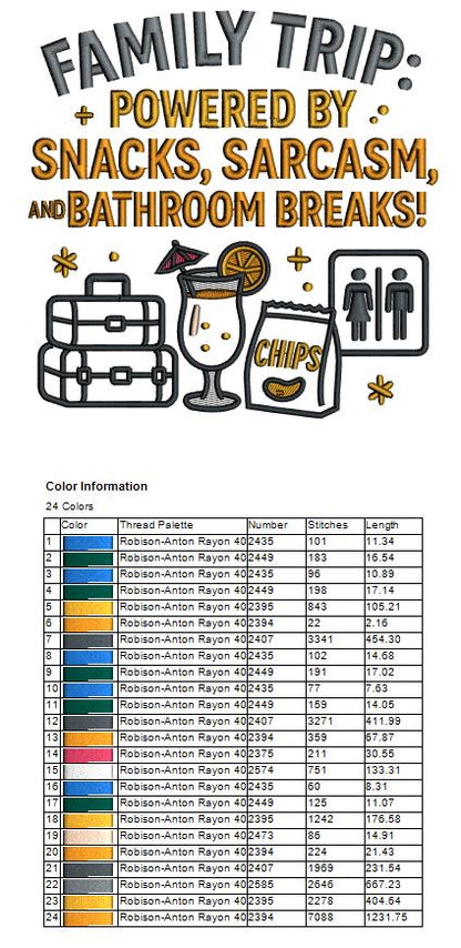 🚗💨 Family Trip Powered By Snacks, Sarcasm, and Bathroom Breaks Camping Applique Machine Embroidery Design Digitized Pattern