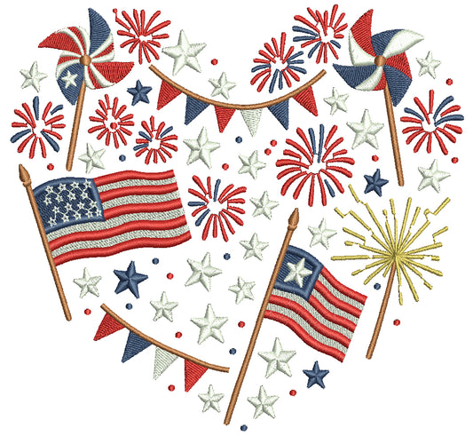 Fireworks And American Flags Patriotic 4th Of July Independence Day Filled Machine Embroidery Design Digitized Pattern